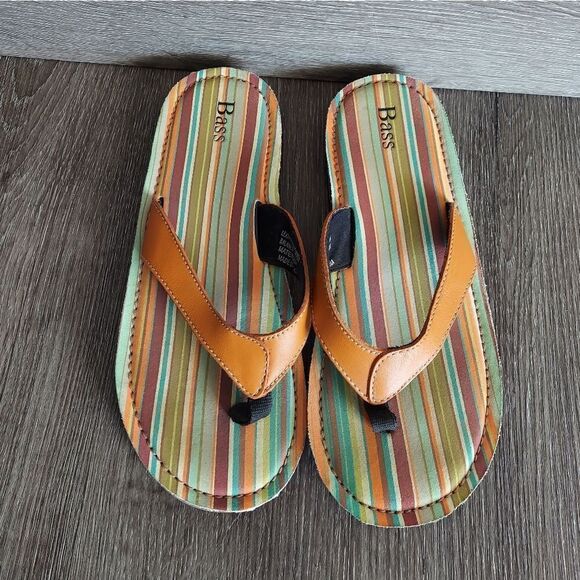 Bass Multi Stripe Flip Flops Sandals Orange Leather Strap Women’s 9M Shoes - Picture 3 of 8